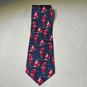 MMG, Holiday Golfing Santa Patterned Tie in Navy